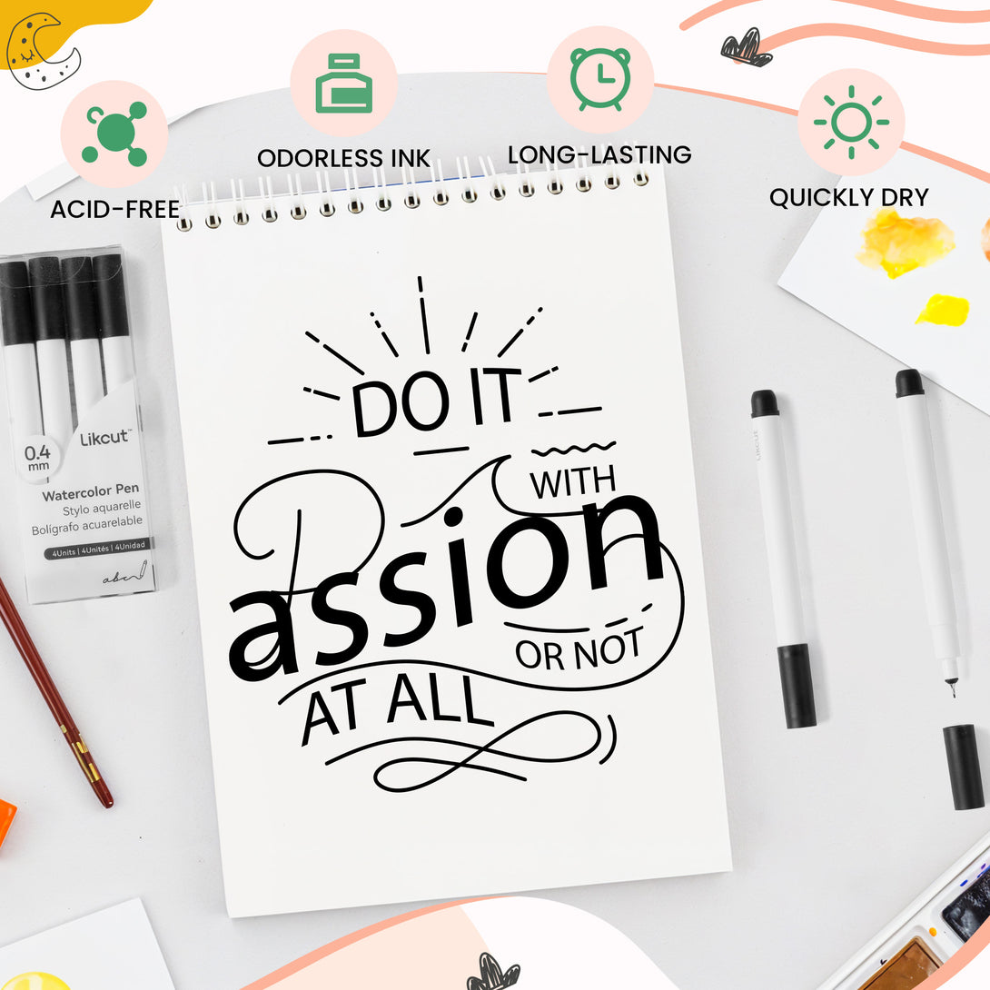 Fine Point Pens 0.4mm, Black Watercolor Ink Pens, Pens for Writing, Drawing, Coloring, Stickers Labeling - Likcut